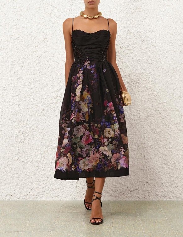 Abito da picnic con perline Luna nero a motivi floreali multipli online Abito da picnic con perline Luna nero a motivi floreali multipli online