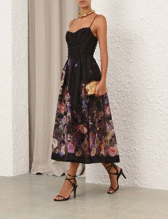 Abito da picnic con perline Luna nero a motivi floreali multipli online Abito da picnic con perline Luna nero a motivi floreali multipli online