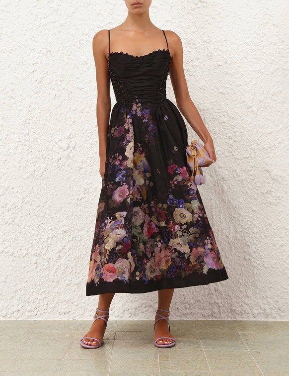 Abito da picnic con perline Luna nero a motivi floreali multipli online Abito da picnic con perline Luna nero a motivi floreali multipli online