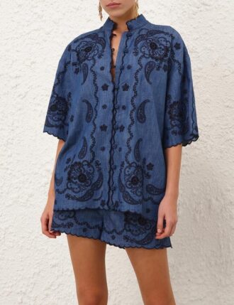 Camicia in Denim ricamata Aster, blu ferrovia, online