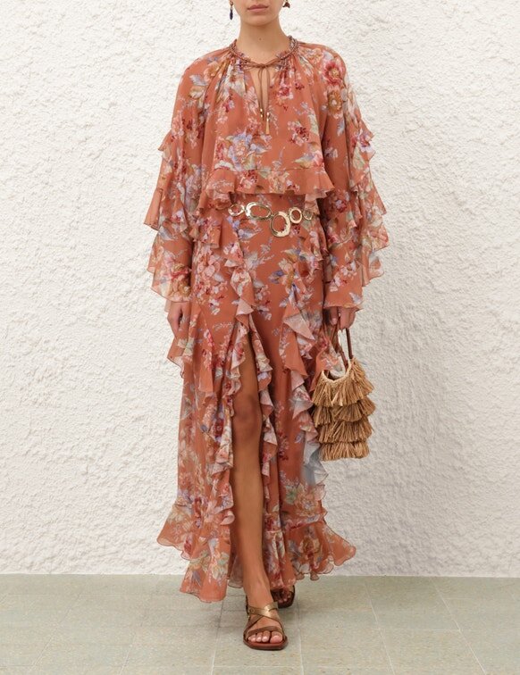 Gonna con volant Awaken con motivo floreale color cannella online Gonna con volant Awaken con motivo floreale color cannella online