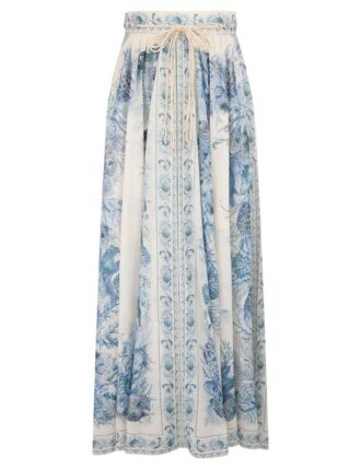 Gonna lunga a trapezio Wanderlust in toile blu online