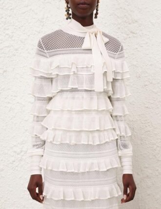 Top con collo annodato e volant in pizzo Luna, color avorio, online