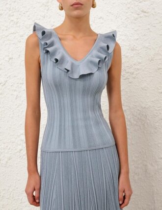 Top con volant metallizzati Aster in blu metallizzato online