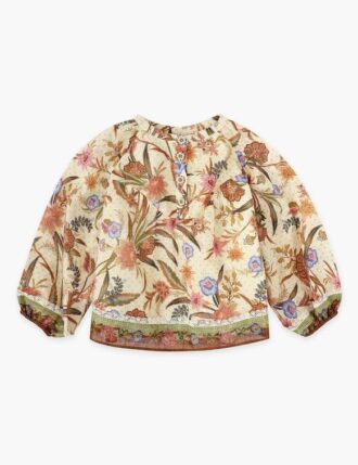 Top Indra Kids con bordi a contrasto, motivo floreale con sciarpa color crema e kaki, disponibile online